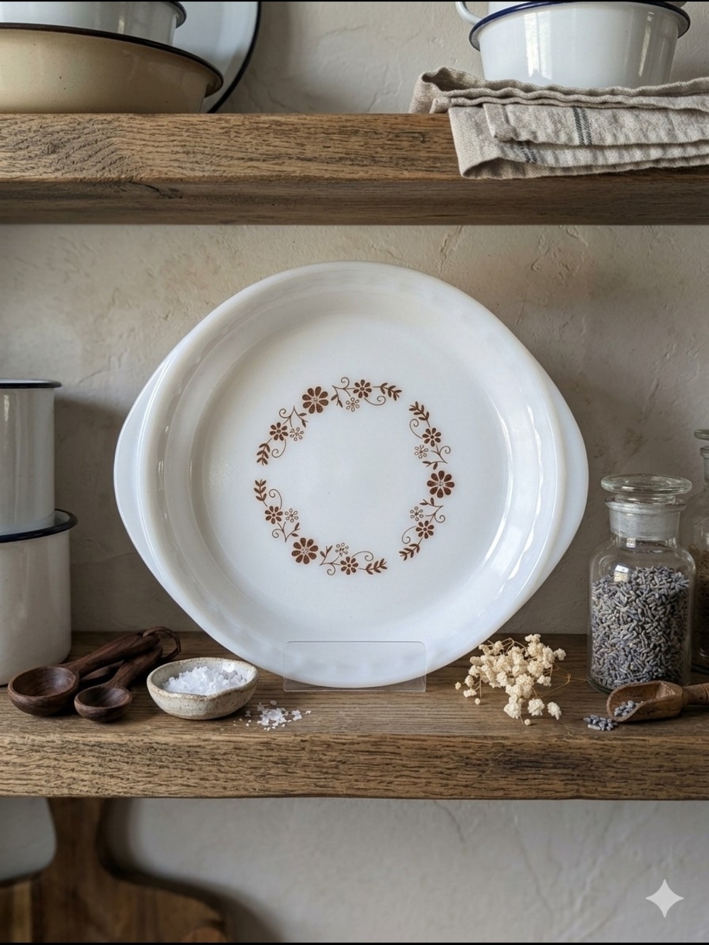 Vintage Dynaware Pyrorey Brown Floral Baking Dish – 1970s Milk Glass Ovenware